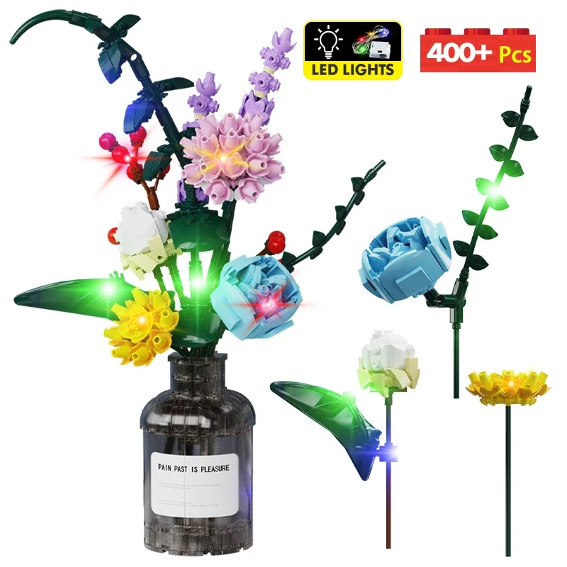 

400pcs City Romantic Flower Bouquet Plant Potted LED Light Building Block MOC Friends Home Decoration Brick Toys for Children