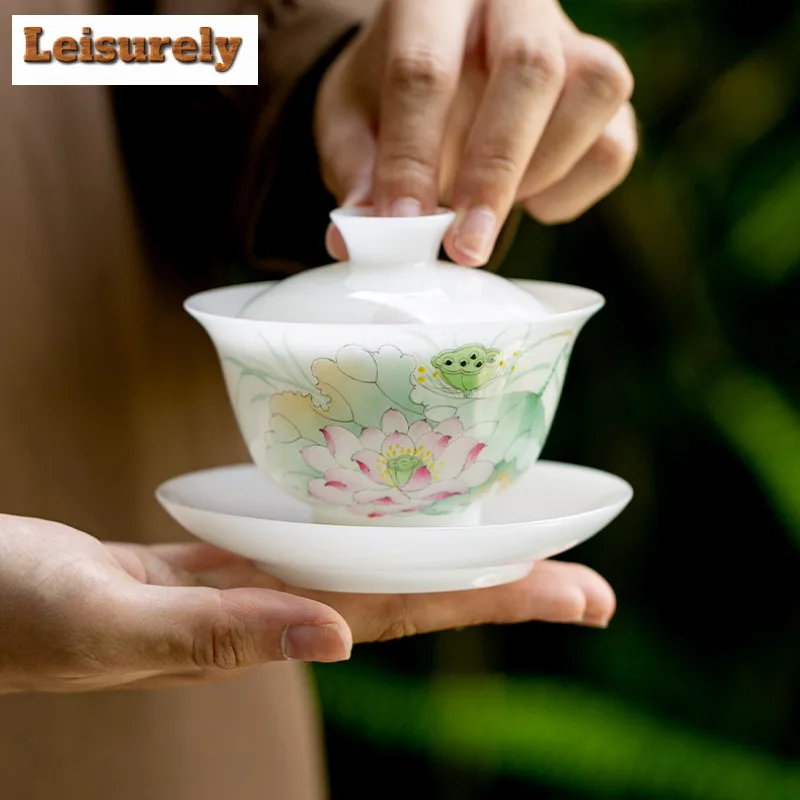 140ml White Jade Porcelain Hand-painted Gaiwan Ancient Tea Tureen Tea Bowl With Lid Kit Tea Making Cover Bowl Cha Supplies Gift