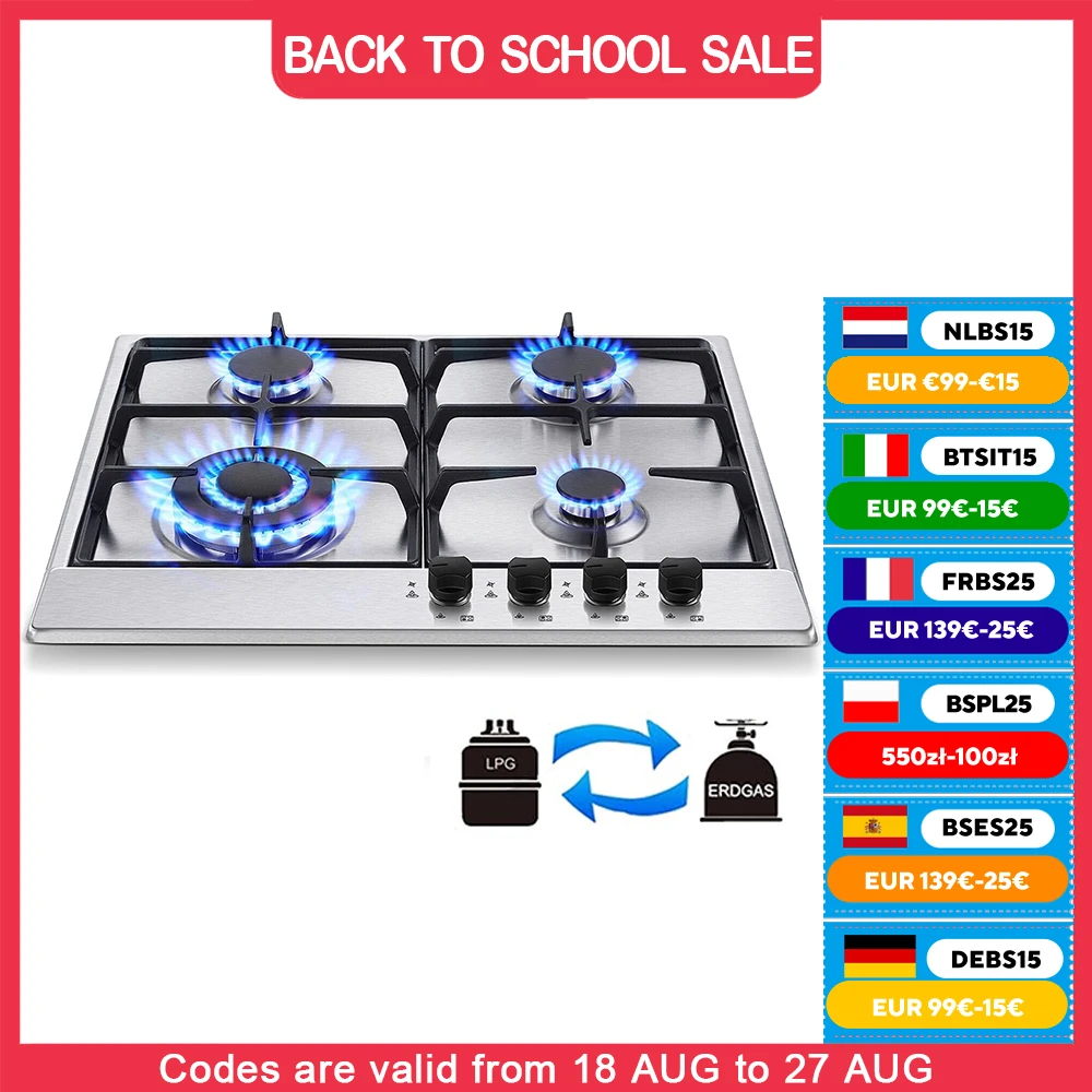 Topbathing 4 Brûleurs Inoxydable Cuisinière spatirée Gaz Naturel Gaz Propane NG/GPL Table De Cuisson YYEUGCT-S04