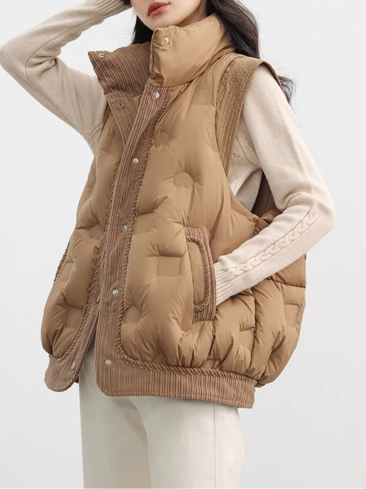 

FTLZZ Autumn Winter Women Stand Collar Sleeveless Vest Jacket Casual Lady Puffer Parka Outwear Female White Duck Down Coat