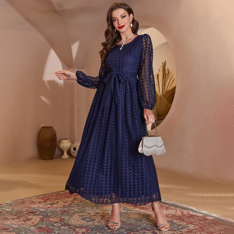 

European and American Women's 2023 Fashion Lace Zipper Round Neck Solid Color Temperament High Waist Dress Robe