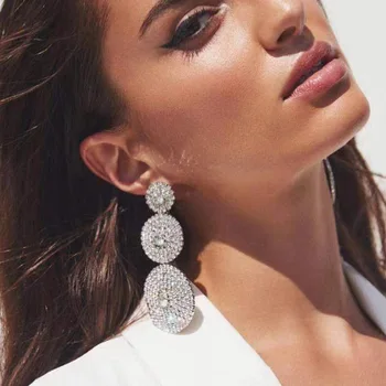 European Exaggerated Multi-layer Round Drop Earrings Shiny Rhinestone