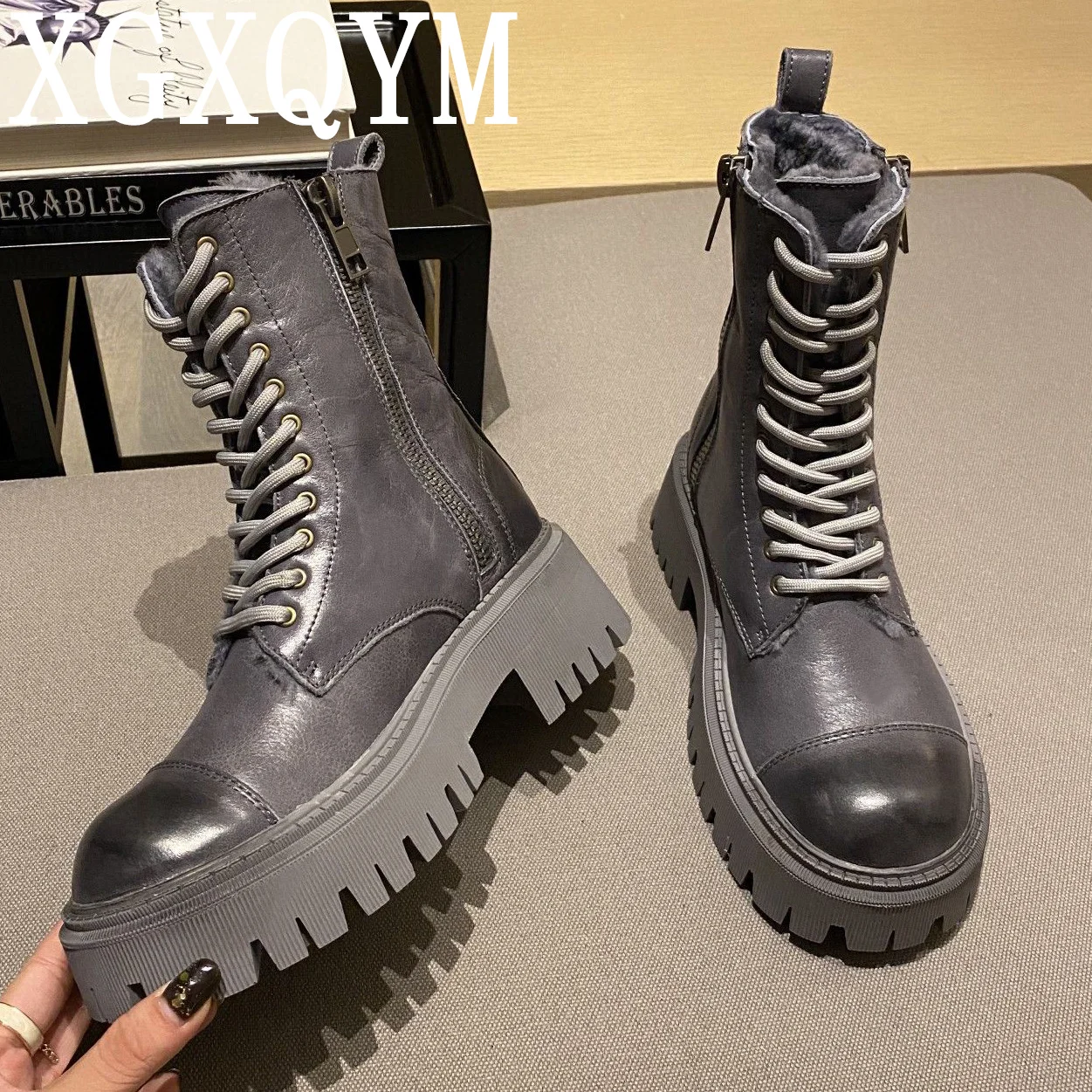 

Autumn Winter New Thick Sole Platform Chelsea Wool Boots Women Round Toe Mid Calf Lace Up Short Boots Casual Real Leather Shoes