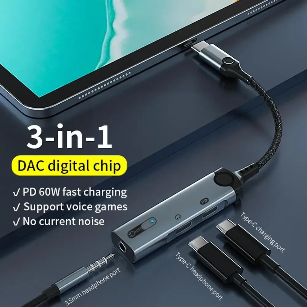 Eonline 2D PD 60W Fast Charging Splitter Earphone Converter Type C To 3.5Mm DAC Audio Dual Type C A For Huawei Samsung