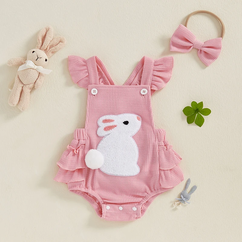 Newborn Baby Girl Easter Outfit Carrot Embroidery Romper Waffle Ruffle Bodysuit Headband Summer Outfit 0-18M 2