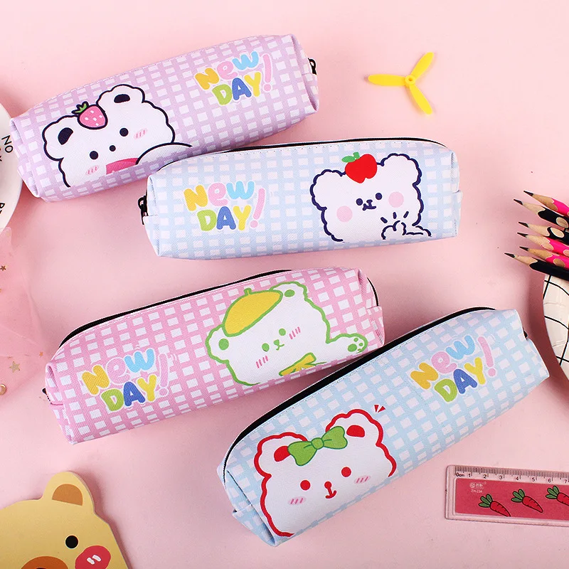 

20 pcs/lot Kawaii Bear Pencil Case Cute PU Leather Pencil Box Stationery Pen Bag Stationery School Supplies