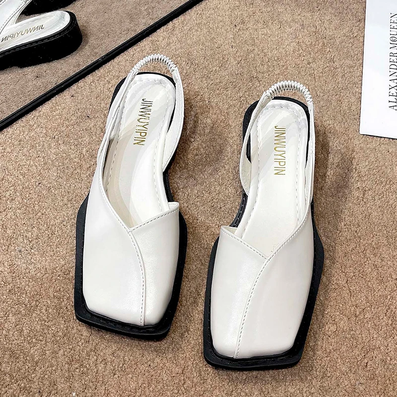 Summer Elegant Ladies Sandals Fashion Elastic Band Flat Heel Shallow Party Shoes Square Heel 35-40 Square Toe