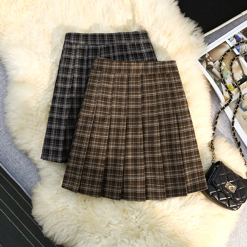 

Korean Plaid Pleated Skirt Female Spring Autumn High Waist A-line Short Student Woolen Skirts New Vintage Preppy Style Jupe T327