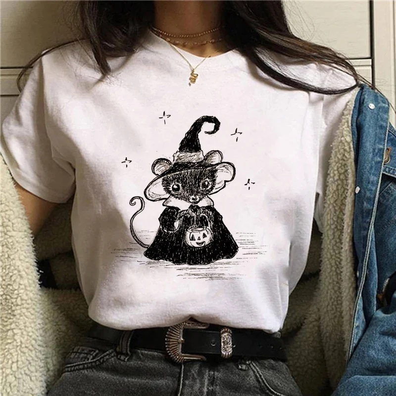 

Женская летняя одежда, модная трендовая Милая футболка с принтом в стиле ретро на Хэллоуин, футболка с коротким рукавом и круглым вырезом, топ с рисунком, белая футболка