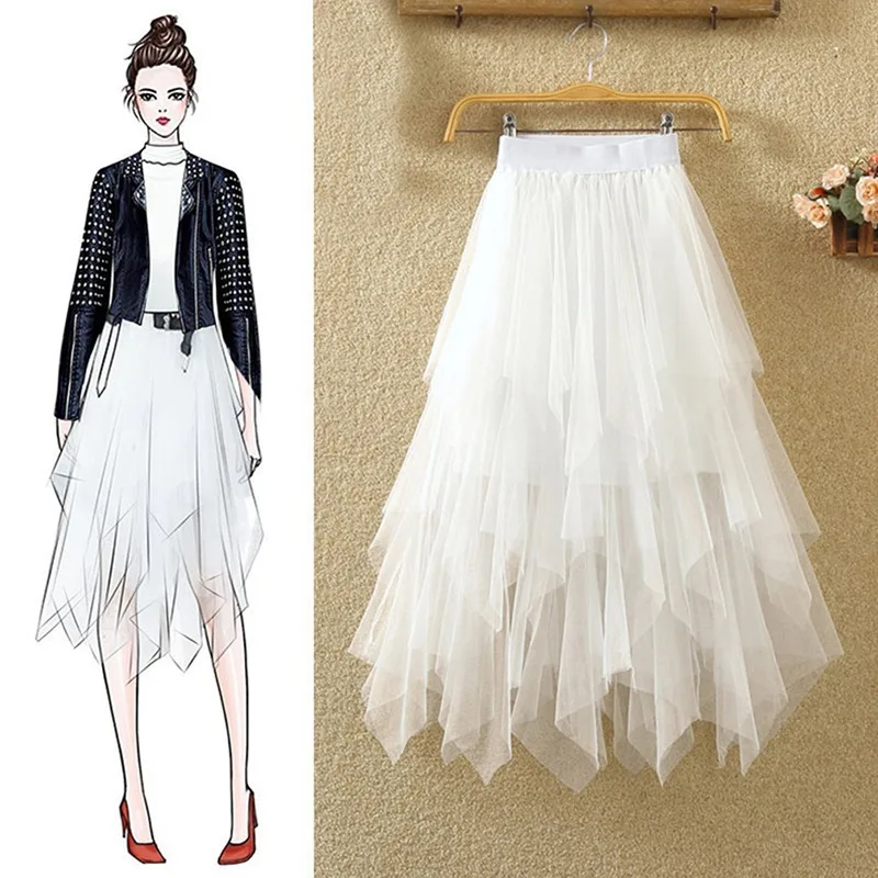 Tulle Skirts for Women 3 Layered High Low Asymmetrical Midi Length Elastic Waist A-line Mesh Tutu Skirt White Black Pink Gray