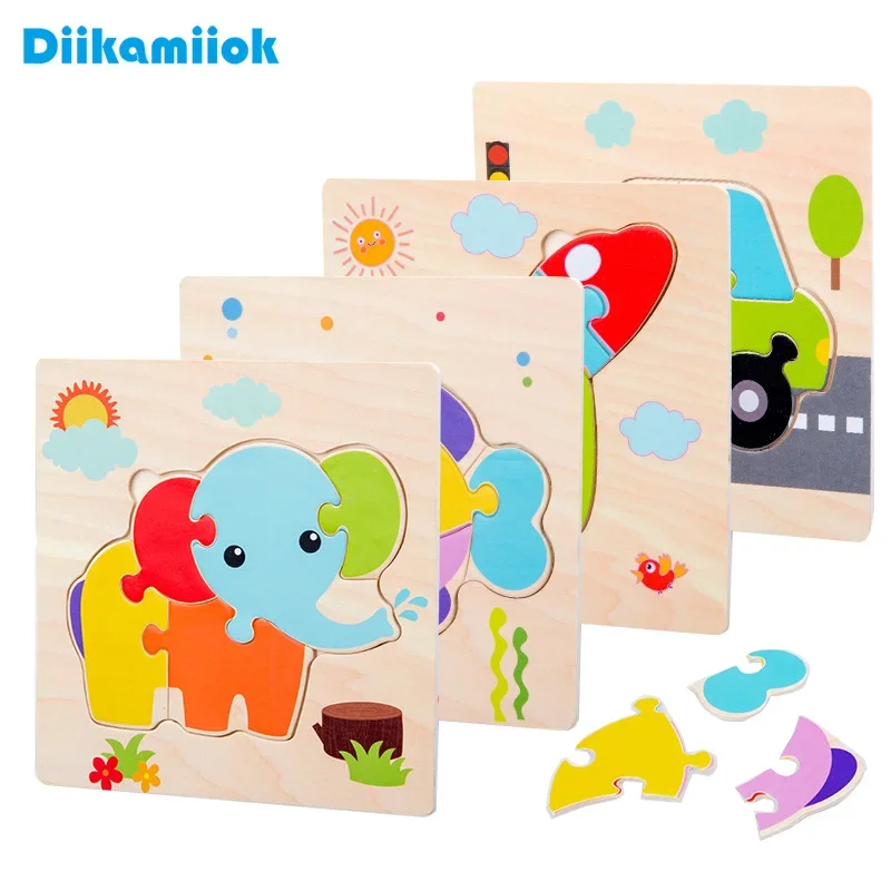 1pc Wooden Jigsaw Puzzle Children Montessori Games Cartoon Animal Vehicle Puzzles for Kids Learning Educational Toys 1