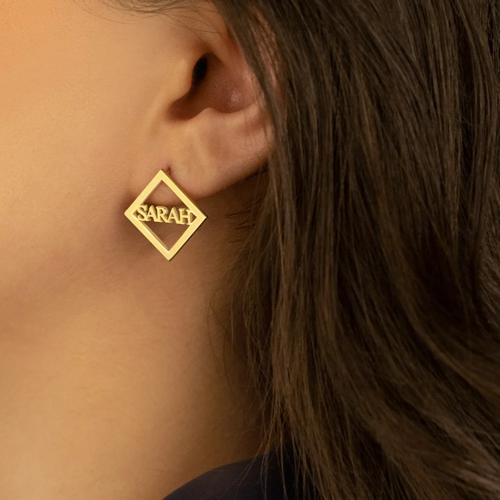 

Square Name Earrings for Women Personalized Geometry Stainless Steel Jewelry Nameplate Hoop Earrings Unique Gift for Women