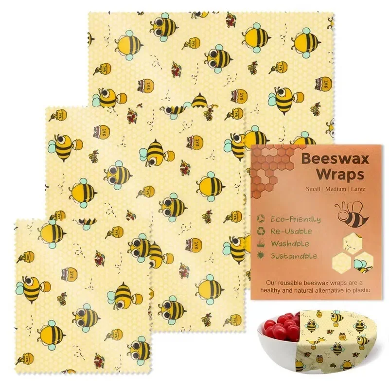 3pcs/bag Reusable Food Fresh Keeping Cloth Sustainable Food Storage Organic Cling Wrap Natural Beeswax Packaging Paper