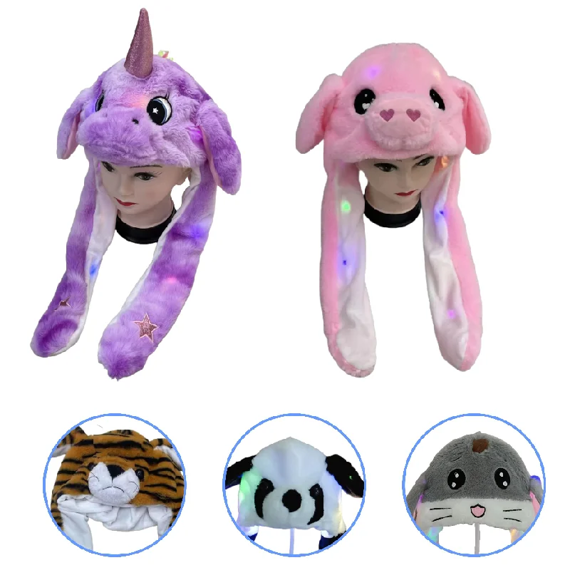 Funny Glowing Hat Moving Ears LED Light-Up Plush Pink Pig Tiger Cap Kids Adults Animal Party Theme Cosplay Hat Cosplay Prop Accessories