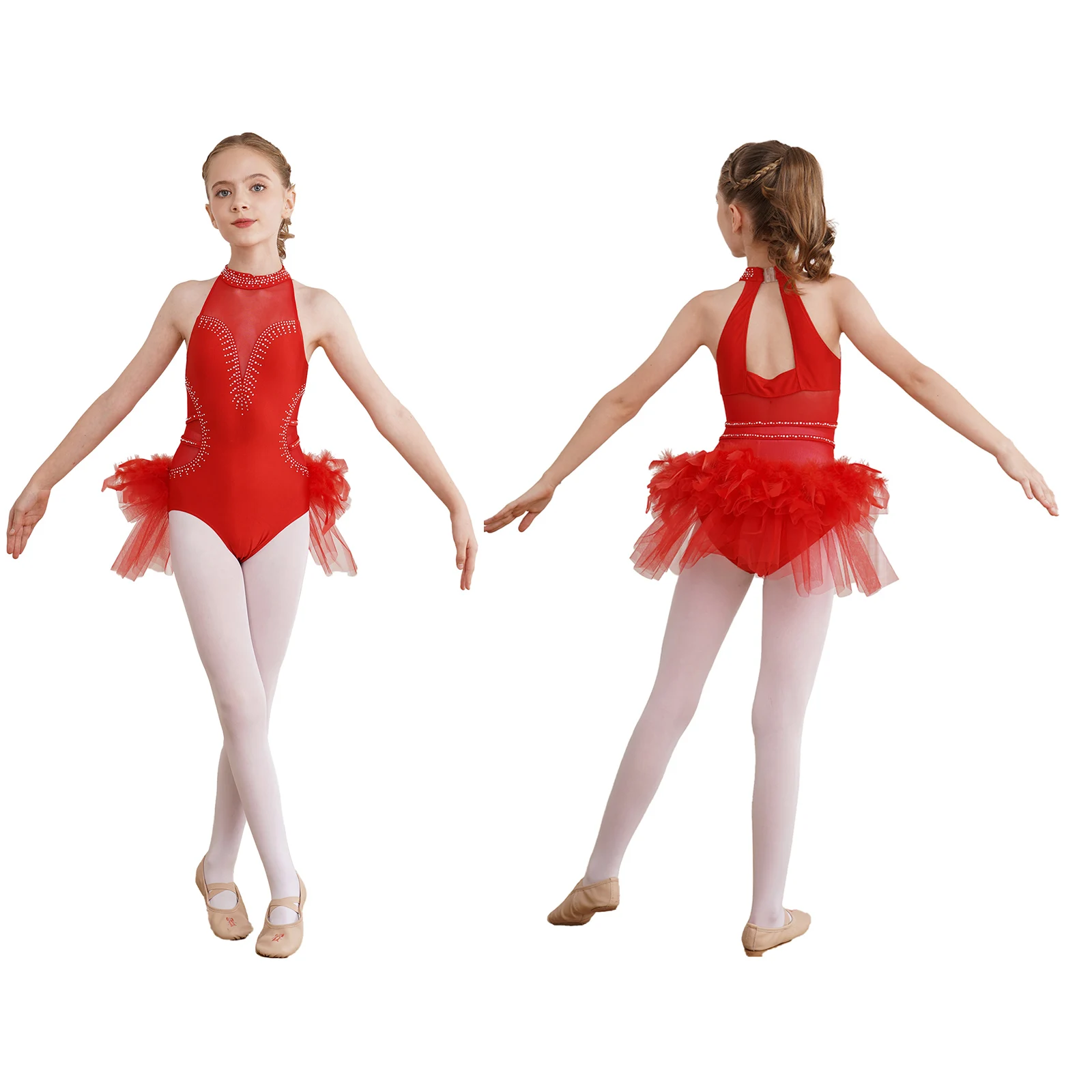 thumbnail image 1 of Traje de actuación de baile latino de Ballet para niñas, leotardo de malla transparente con diamantes de imitación, mono con falda de tul para patinaje artístico con plumas, 1 of 5