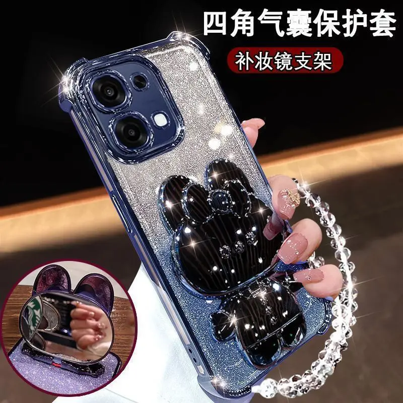 Rabbit Makeup Mirror Holder Gradient Glitter Strap Back Cover