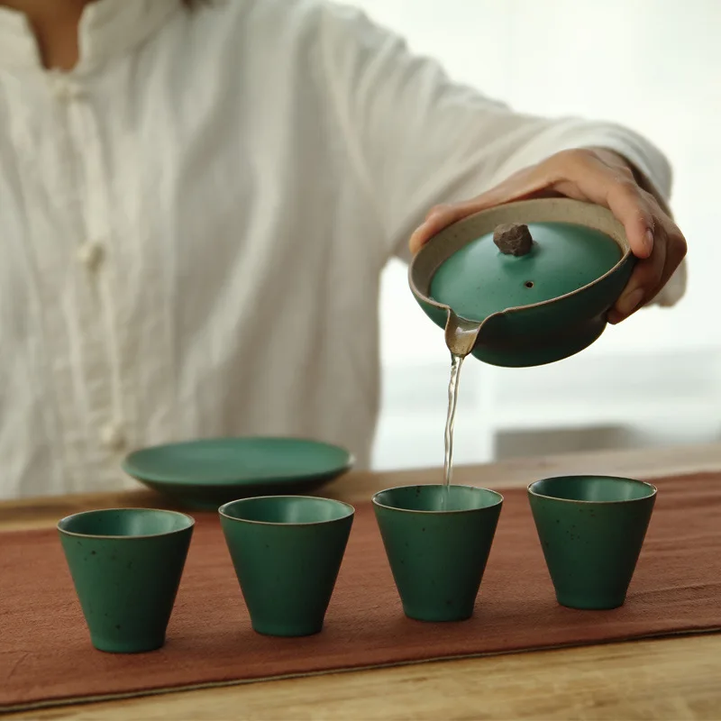 Japanese Stoneware Kung Fu Tea Set Ceramic Gaiwan Bowl Hand Grab Pot Bubble Teapot Manual Kiln Discoloration Glaze Tea Bowl