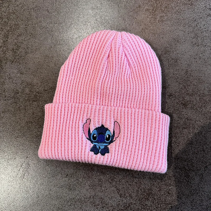 ☆Rest & Recreation☆ STITCH LOGO BEANIE PINK Cartoon Stitch Knit Hat Embroidered Benie Cap Cute Unisex
