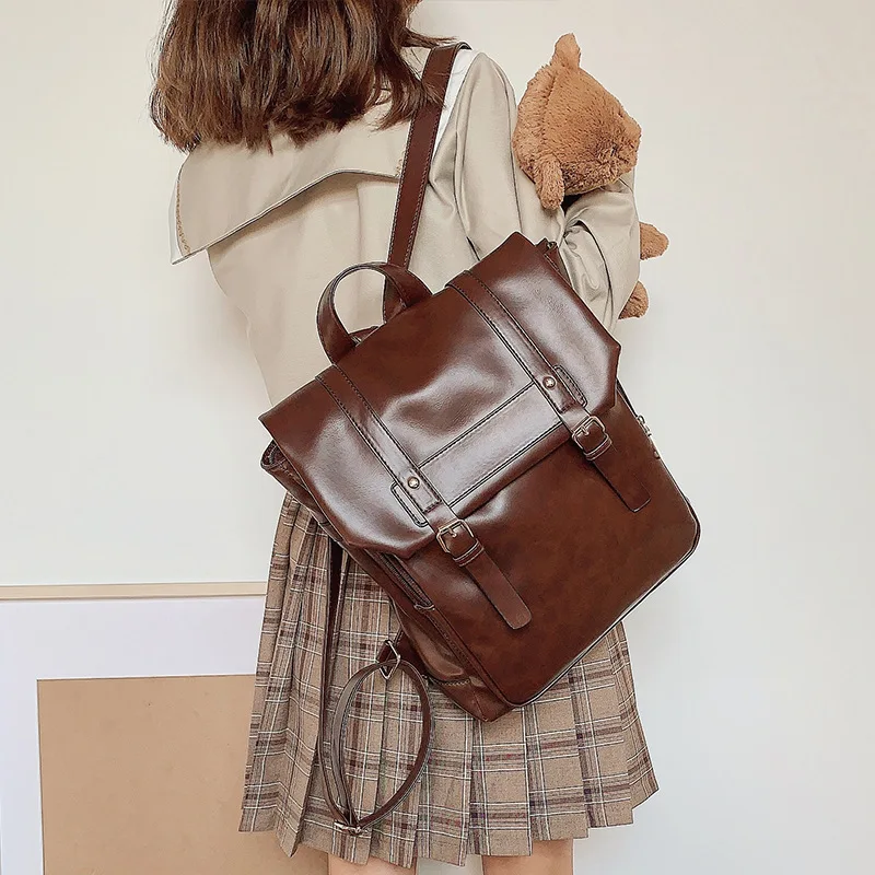 

Japanese JK Uniform Style Backpack 2023 New Vintage Brown Women's Bag College Student Classroom Backpacks Pu Leather Schoolbag