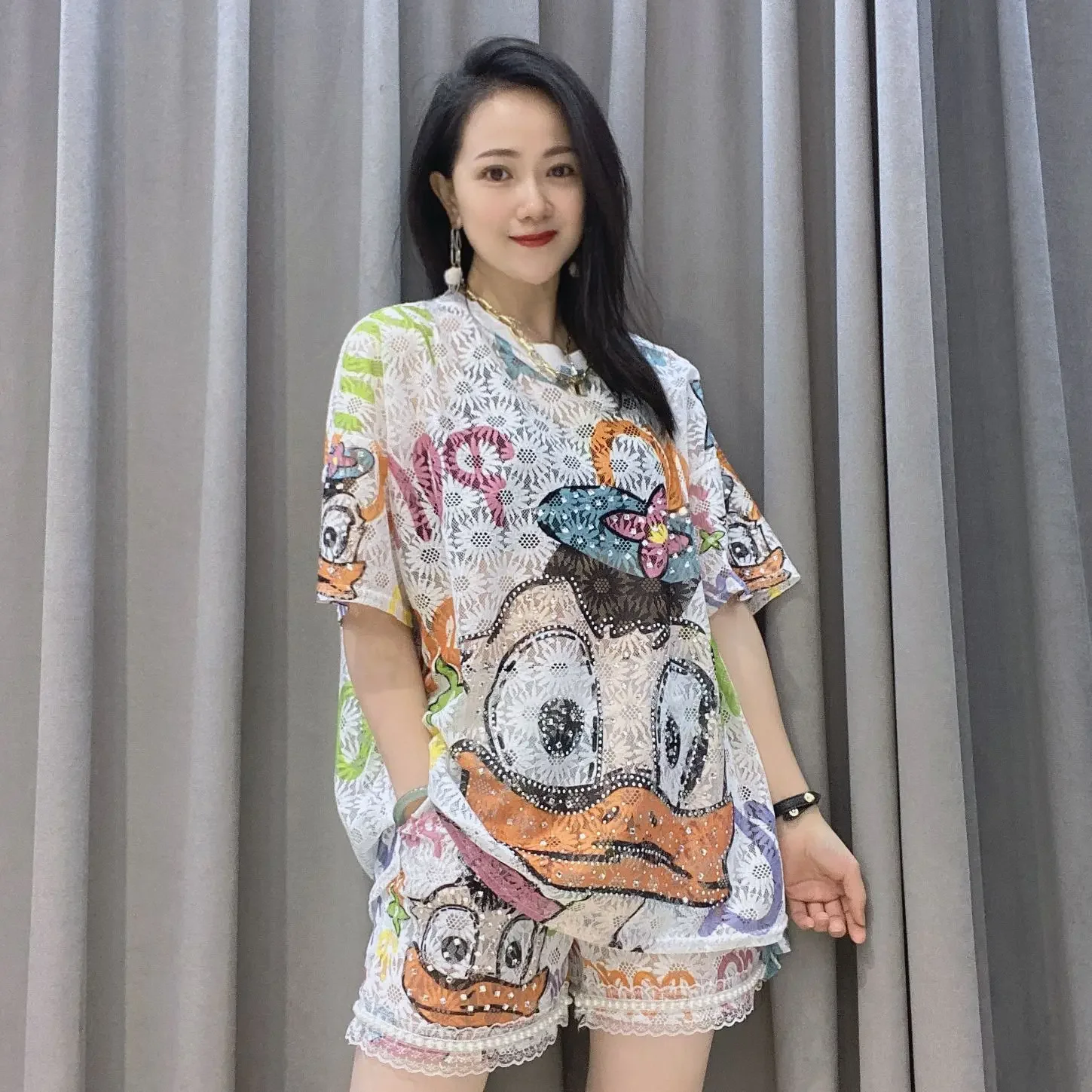 

2024 Summer Clothing for Women Two Piece Sets Loose Cartoon Diamonds Tracksuit Perspective Lace Casual Knitting Tops and Shorts