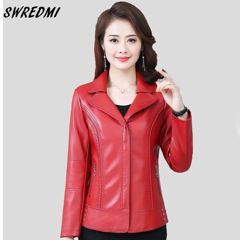 

6XL Jackets Women Spring Autumn Fashion Slim Leather Coats Outerwear Zipper Rivet Middle-aged And Elderly Clothing SWREDMI