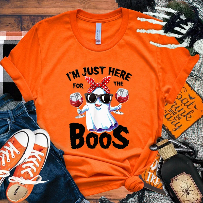 

New Fuuny Halloween I'M Just Here For The Boos Letter Printed Unisex Men'S And Women'S Fashion Short Sleeve Halloween Tops