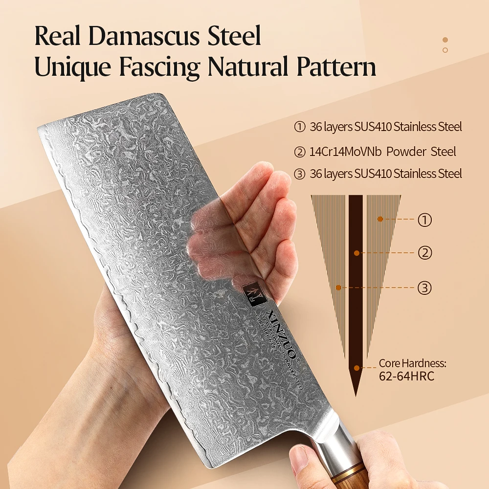 XINZUO 7.5'' in Cleaver Chef Knife 62-64 HRC Damascus Stainless