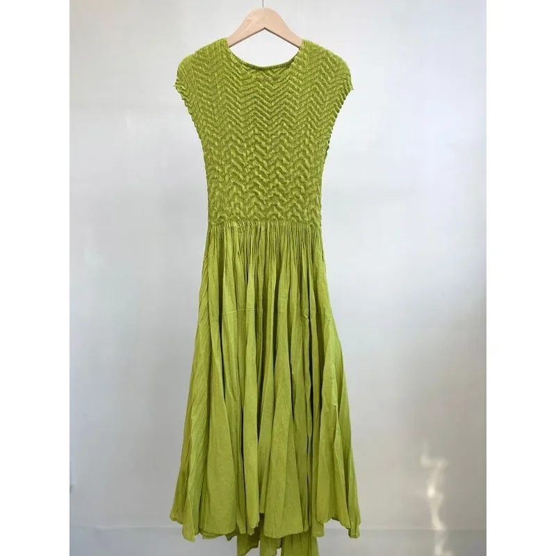 

Женское плиссированное платье с градиентом, элегантное модное универсальное корейское летнее платье с круглым вырезом и коротким рукавом, 2024