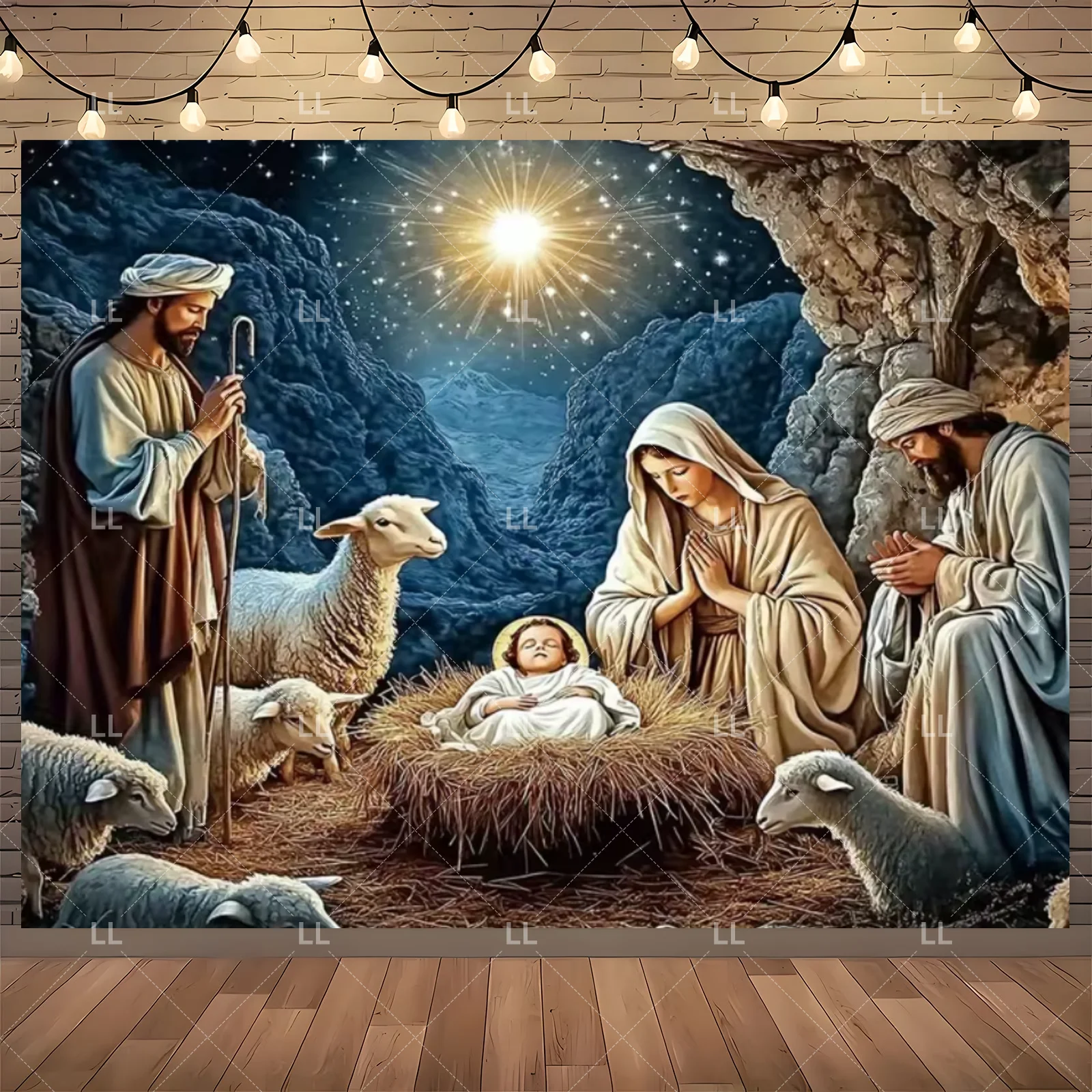 Starry Night Nativity Scene Backdrop - Traditional Christmas Party Decor and Photo Prop
