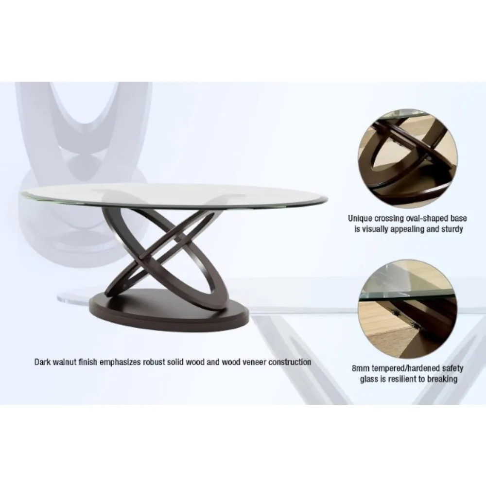 Xenda Modern Oval Glass Top Table with X-Shaped Base for Living Room, Bedroom, Home Office, 48 in, Dark Walnut Brown 6