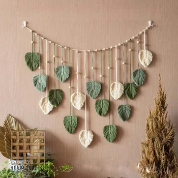 Tapisserie murale suspendue en forme de feuilles tissées à la main, style bohème, avec pompons, en Fiber naturelle, Macramé Chic, 120x75cm 1