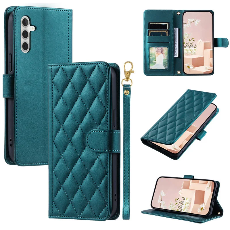 Luxus Kariert Lieder Telefonshülle fir Samsung Galaxy A06 A05 A05S A04 A04S A14 A24 A34 A54 Kaarteslot Lanyard Flip Portemonnaie Cover_voghion.com