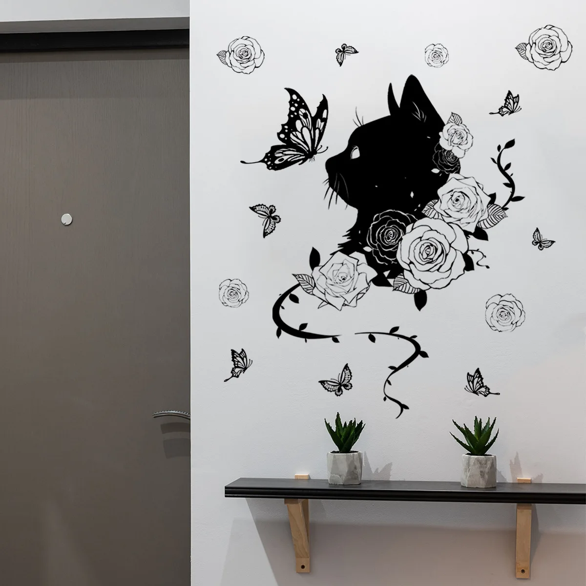 

1Pc Cat & Flower Pattern Wall Sticker, Wall Decal With Cat, Butterfly, And Flower Patterns, Background Wall Decoration