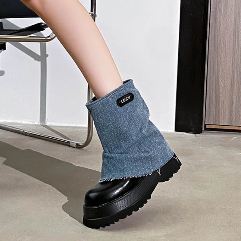 

Уличная мода, женские сапоги, новинка 2023, трендовые Универсальные джинсовые короткие сапоги, женская обувь на платформе размера плюс 42