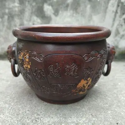 

Exquisite Antique Pure Brass Purple Leather Sprinkled Gold Lucky Fortune Double Beast Ring Copper Cylinder Ornament