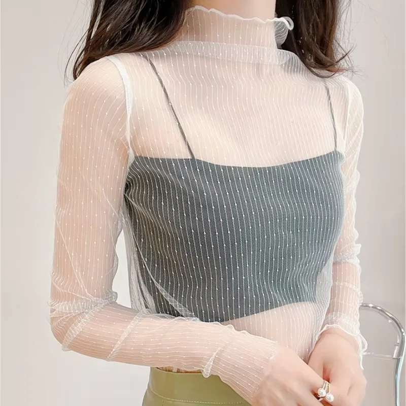 ตัวเลือกสินค้า เสื้อลูกไม้แขนยาวเซ็กซี่ คอสูง แฟชั่นต่างประเทศ