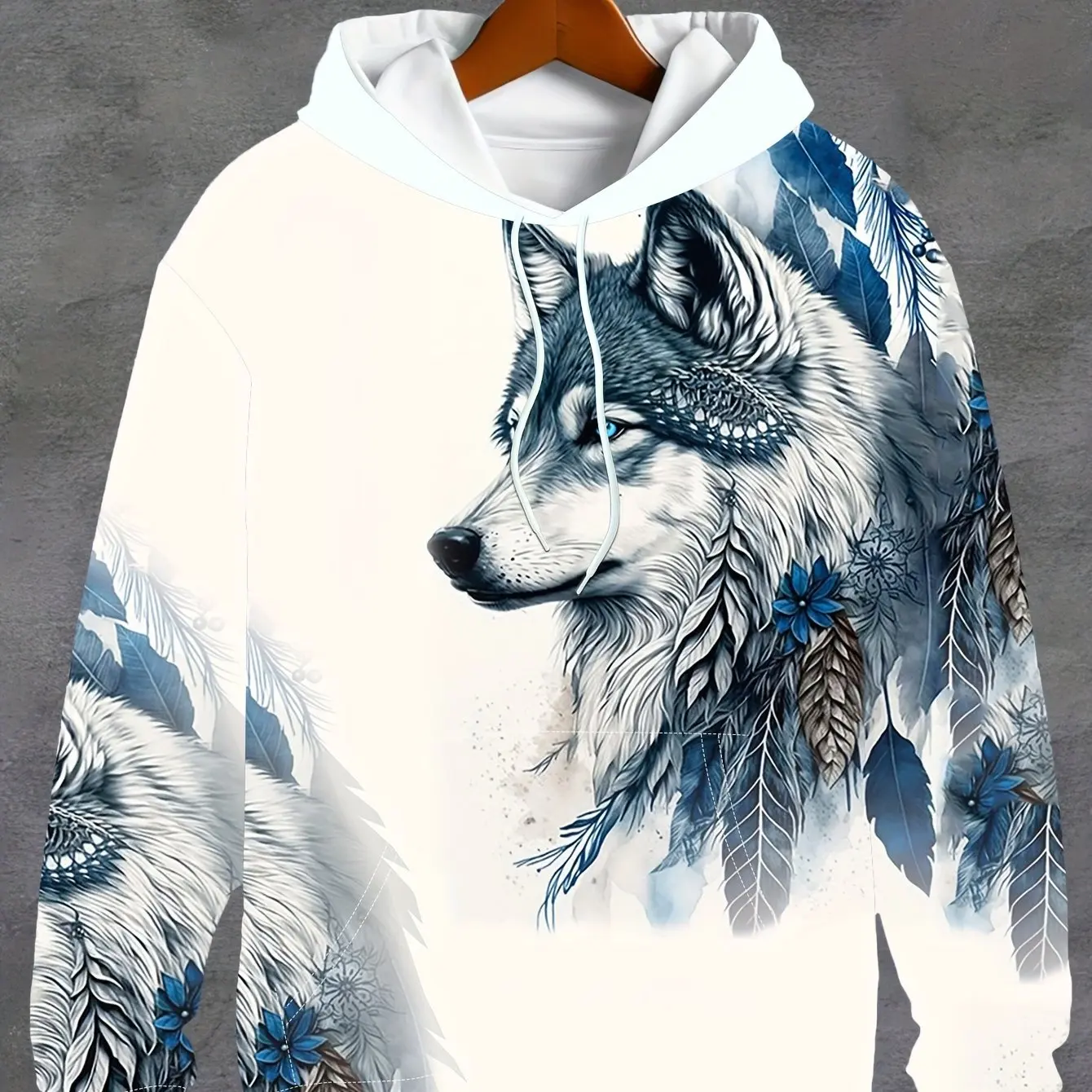 Sudadera con capucha de estilo Retro con estampado de Lobo y plumas para hombre, sudadera con cordón y bolsillo de canguro, sudadera deportiva para otoño