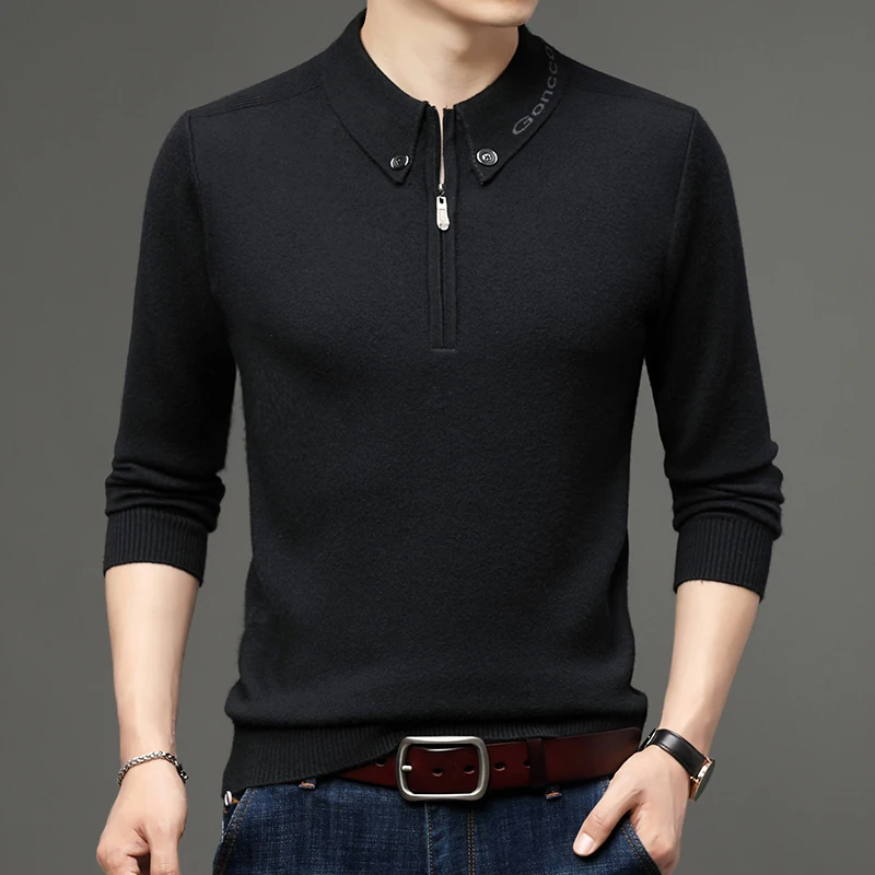 

Luxury Men's Wool Autumn Winter Business Leisure embroidery Lapel Zippered Sweater Jacquard Striped Knitted Pullover Men Clothes