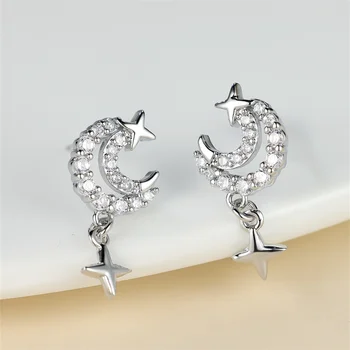 White Zircon Hollow Moon Cute Stars Pendant Stud Earrings For Women Vintage Silver Color Wedding Earring Minimalist Jewelry Gift