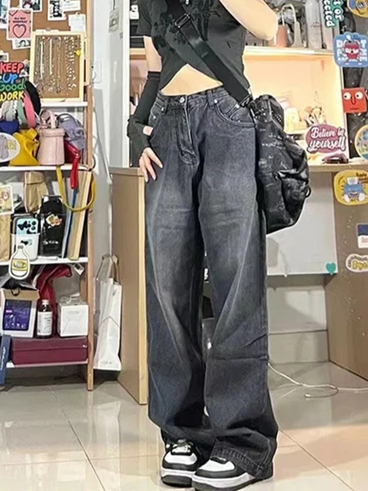

HOUZHOU Women Vintage Streetwear Black Baggy Korean Jeans High Waiste Oversize Wide Leg Pants Grunge Denim Trousers Y2K Female