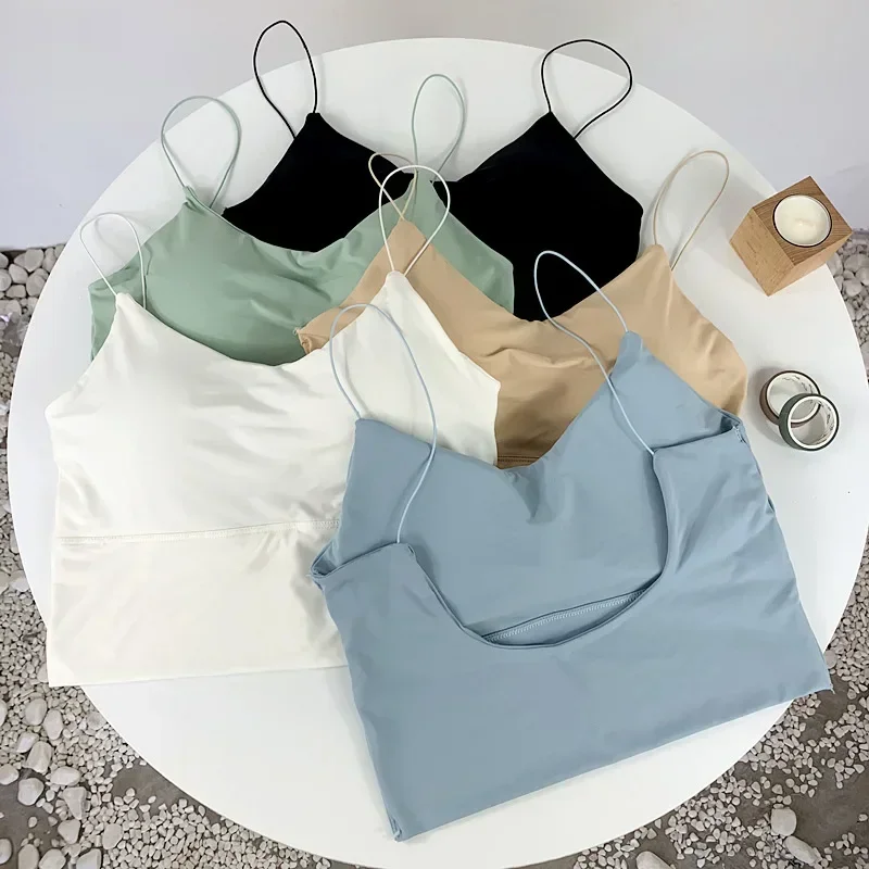 Women Summer Vest Tops Sleeveless Cotton Bustier with Pads Soft Elastic Wear-resistant Vest Crop Top Seamless Bralette Tees