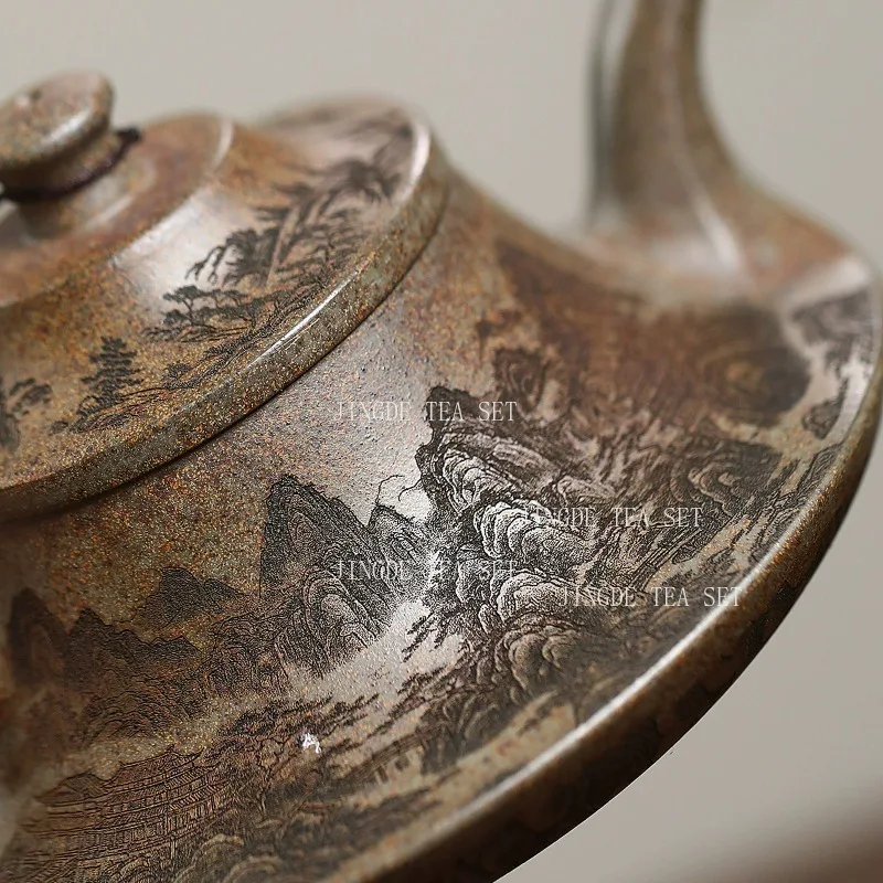 320ml Yixing Purple Clay Cloud Teapot Large Capacity Dragon Kiln Wood Burning Engraved Teapot Household Chinese Teapot
