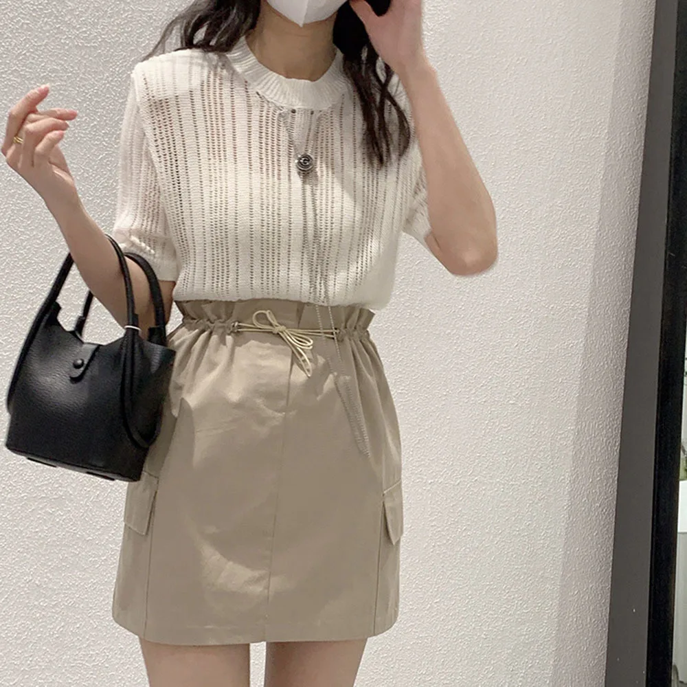 

Fashion Drawstring High Waist Woman Skirts Summer Pockets A-line Mini Skirt Solid Color Sexy Cargo Skirt Faldas Mujer Moda 2023