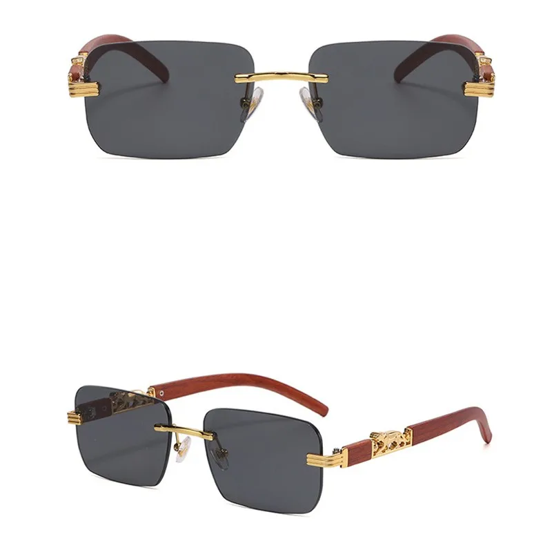 Vintage Small Rectangle Rimless Sunglasses Men Luxury Brand Driver Glasses Wooden Grain Temple Sun Glasses Shades UV400 Goggles