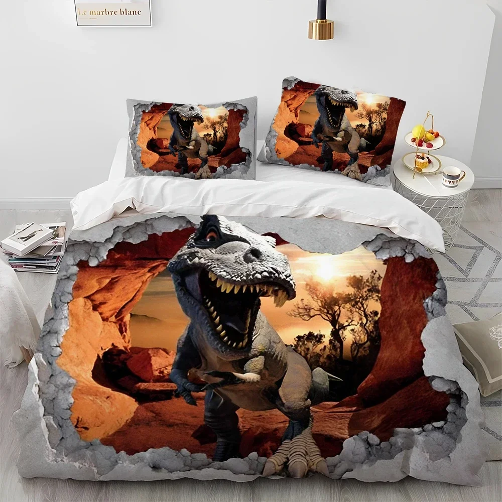 3D Cartoon Dinosaur Illusion Comforter Bedding Set,Duvet Cover Bed Set Quilt Cover Pillowcase,Queen Bedding Set for Child Gift