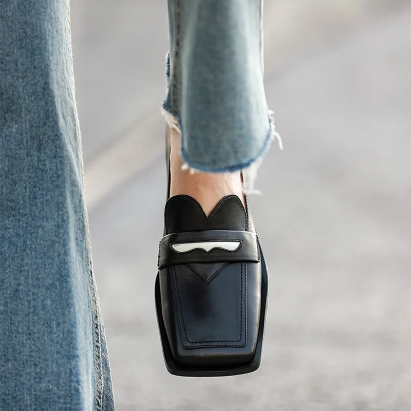 

British Style Comfort Basic Loafers Square Toe Flats Cowhide Real Leather Ladies Daily Shoes Slip On Women Simple Shoes