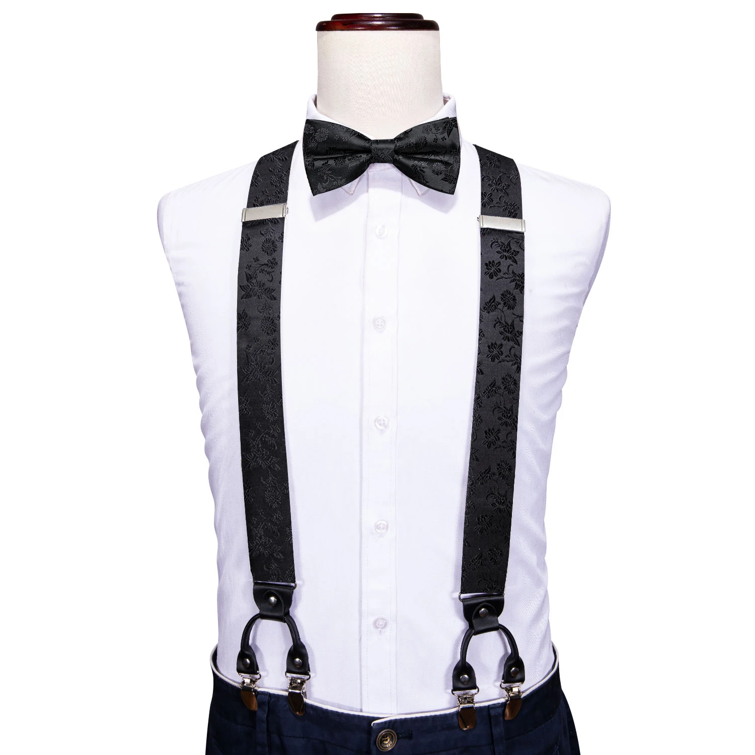 

Black Men Suspenders And Bow tie Kerchief Cufflinks Set New Floral Silk Y-Shape 6 Clip For Pants Leisure Business Barry.Wang