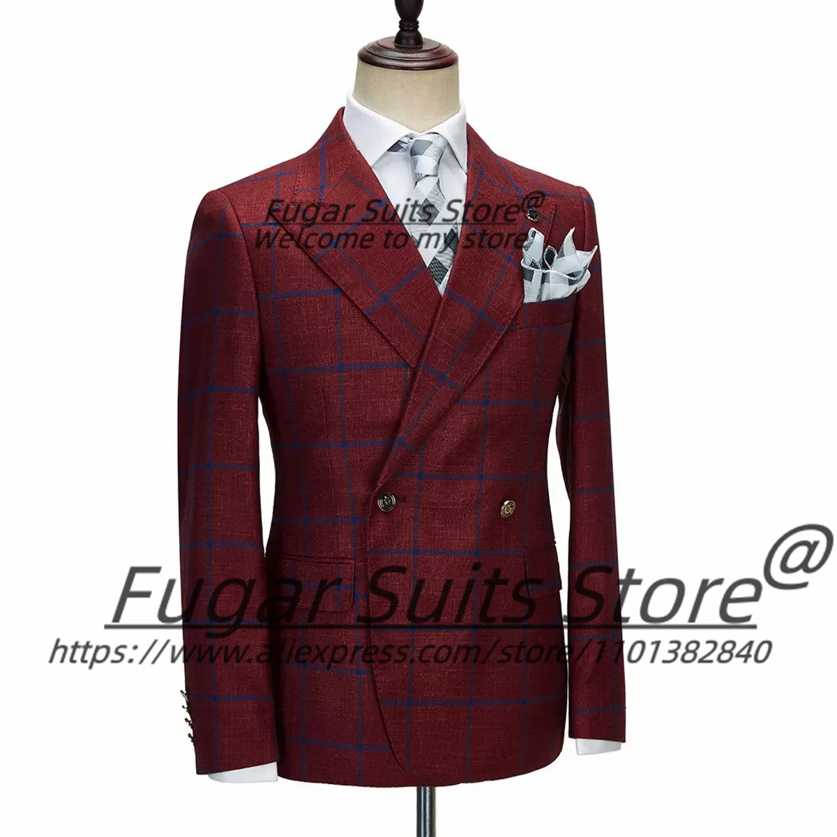 Business Red Plaid Men Suits Slim Fit Double Breasted Groom Wedding Tuxedos 2 Pieces Sets Classic Male Blazers Costume Homme
