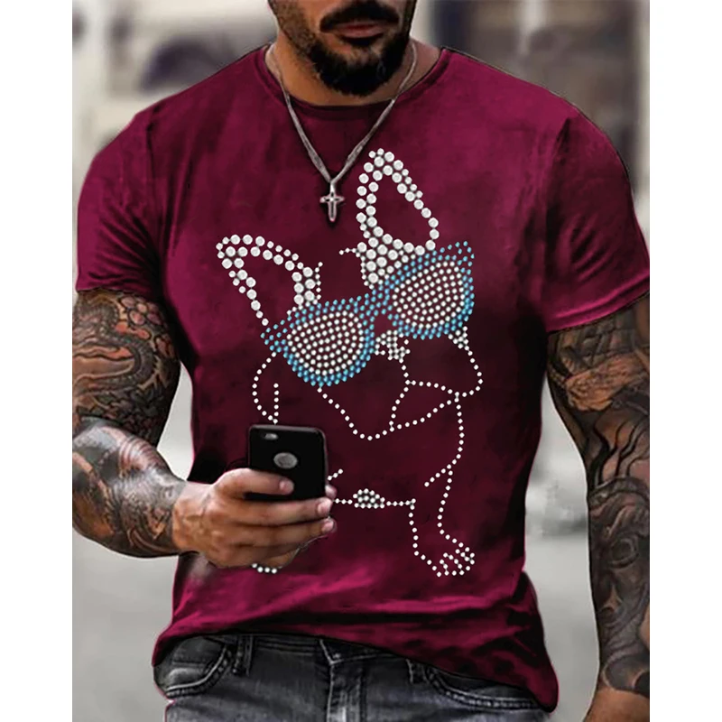 

Fashion Mens Clothing High Quality Oversized Tee y2k Dog Rhinestone Designer Short Sleeve Tops Hip Hop Casual Street T-Shirt New