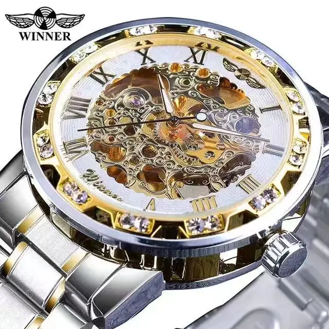 Luxurious Men's Mechanical Skeleton Watch with Diamond Gear for Timeless Elegance